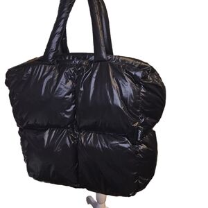 Glossy Black Quilted Tote Bag with Puffy Design